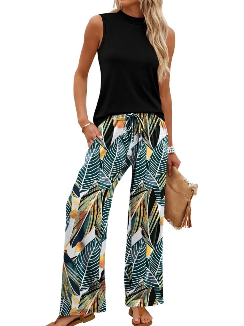 🆕Women Floral Palm 2 Piece Set Summer Spring Outfits Mock Neck Wide Leg Pants